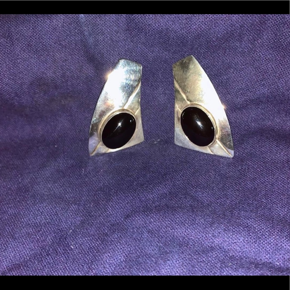 Signed RWJ Sterling Silver & Onyx Pierced Earrings- Vintage